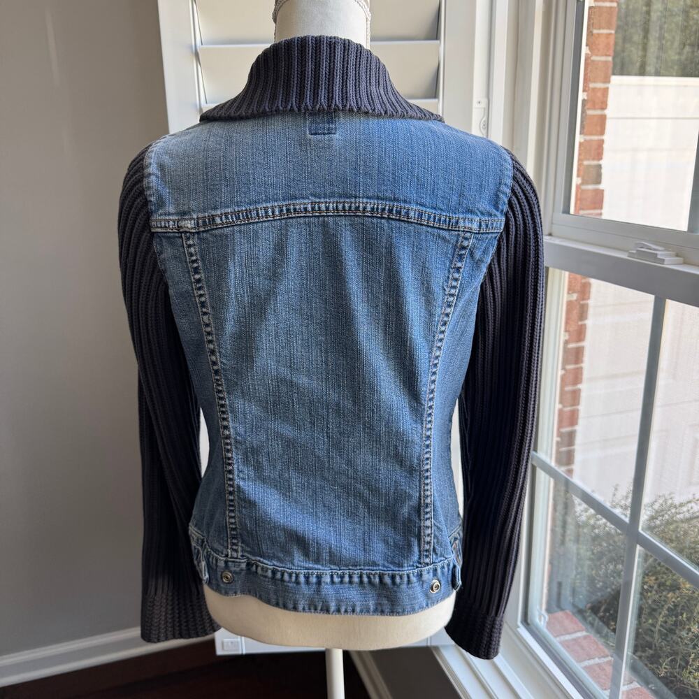 Vintage GAP Jean Jacket Womens M Blue Knit Sweater Sleeves Y2K Bohemian Grunge - Picture 3 of 12